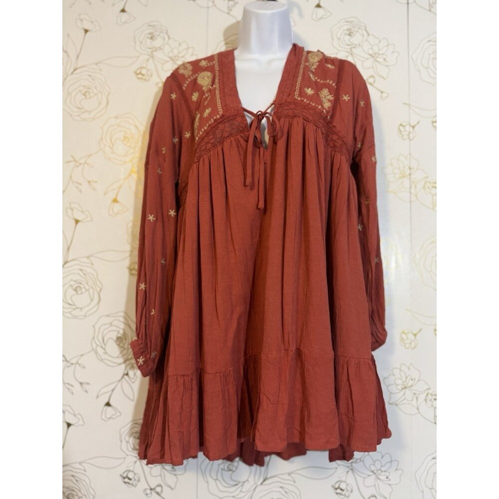 In Loom Dress Medium Rust Embroidery Floral Ruffled Cotton Boho Western NWT